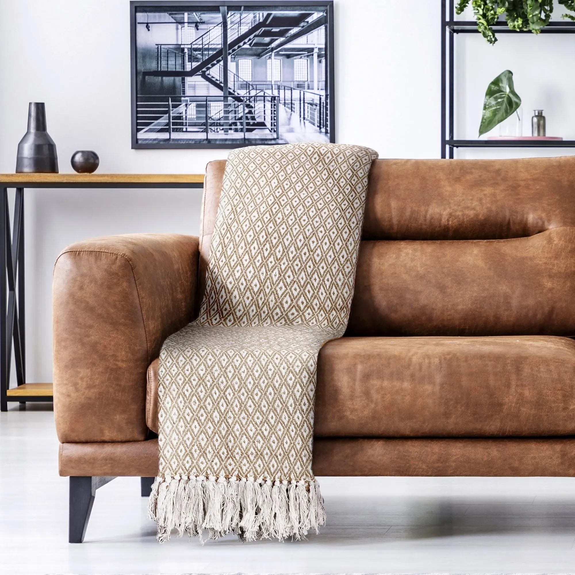 Woven Throw with Geometric Design - Natural, Cotton