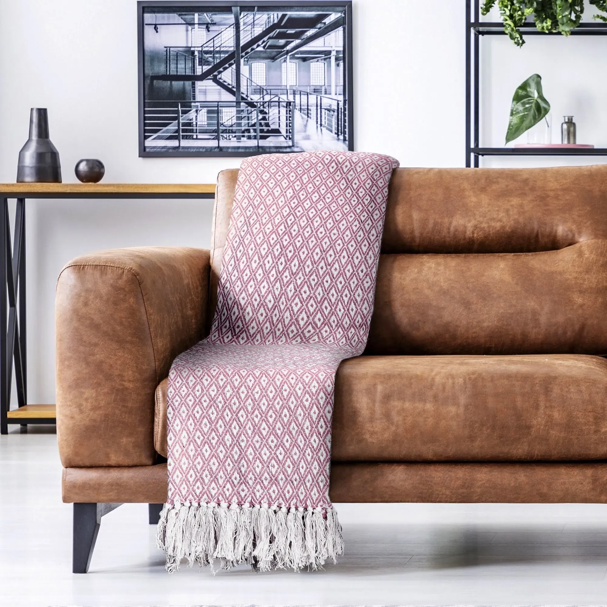 Woven Throw with Geometric Design - Pink, Cotton