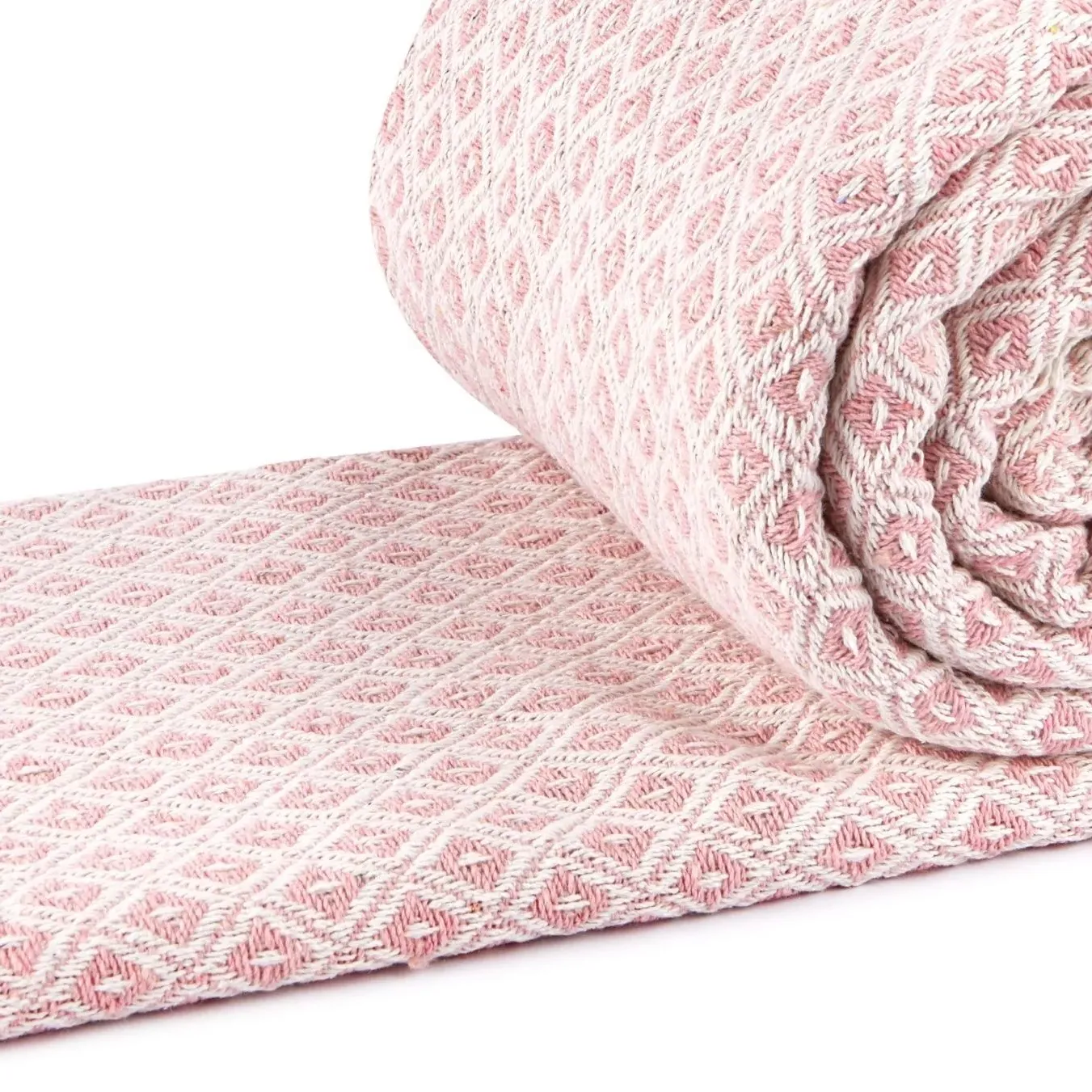 Woven Throw with Geometric Design - Pink, Cotton
