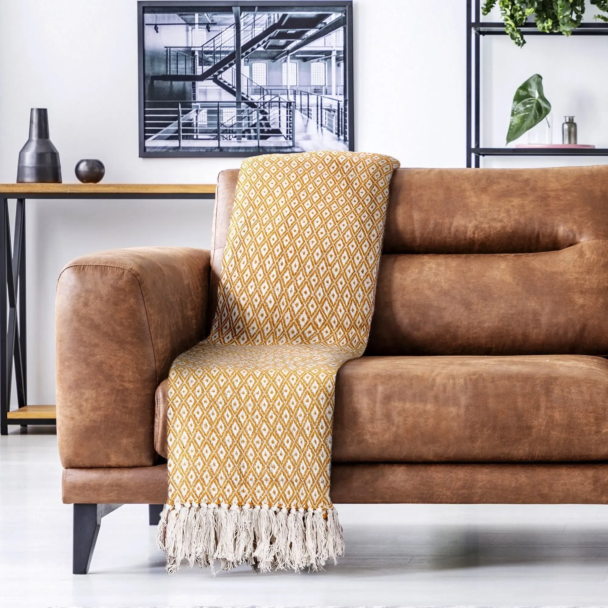 Woven Throw with Geometric Design - Yellow, Cotton