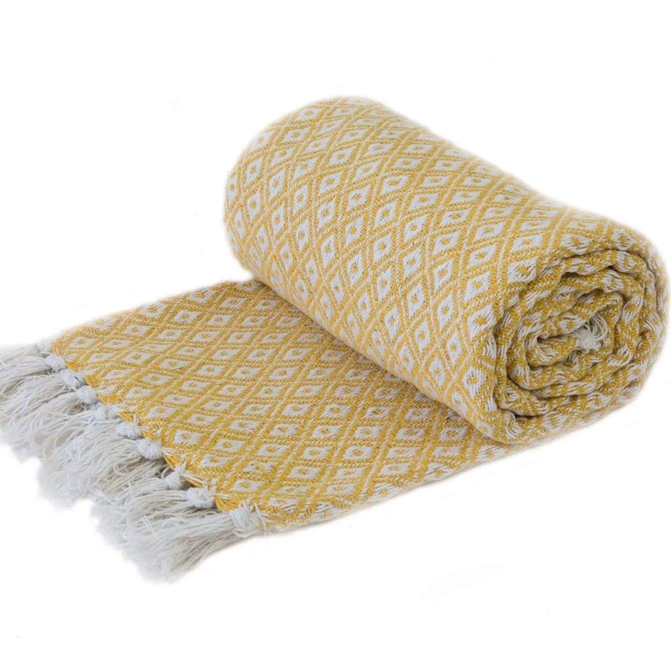 Woven Throw with Geometric Design - Yellow, Cotton