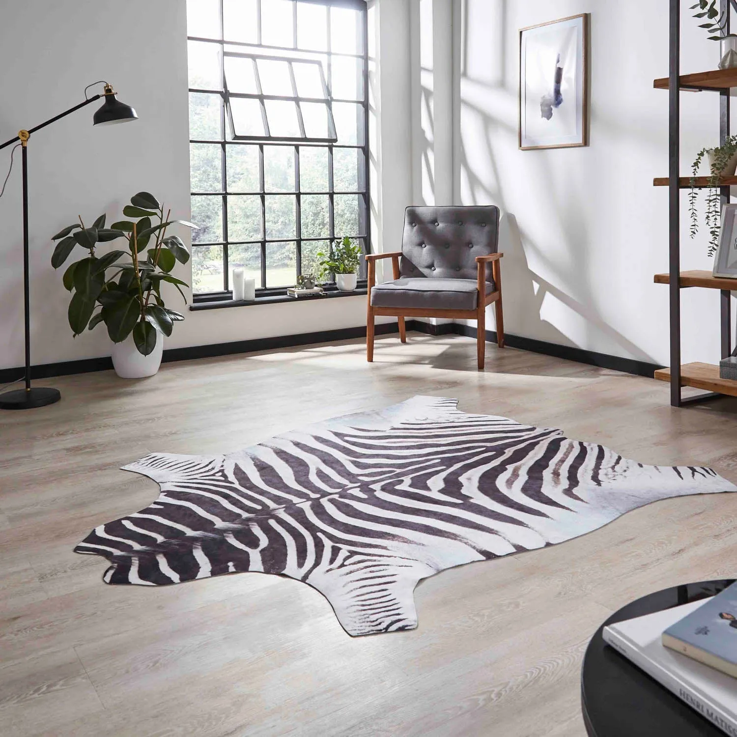 Zebra Print Rug - Black, Faux Animal