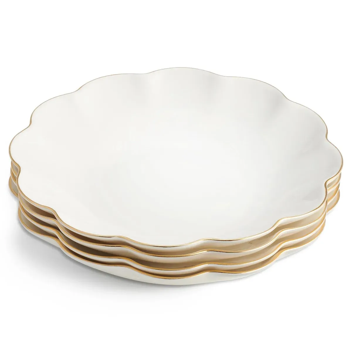 Coastal Beach Scalloped Appetizer Plate Set of 4 - White, Bone China