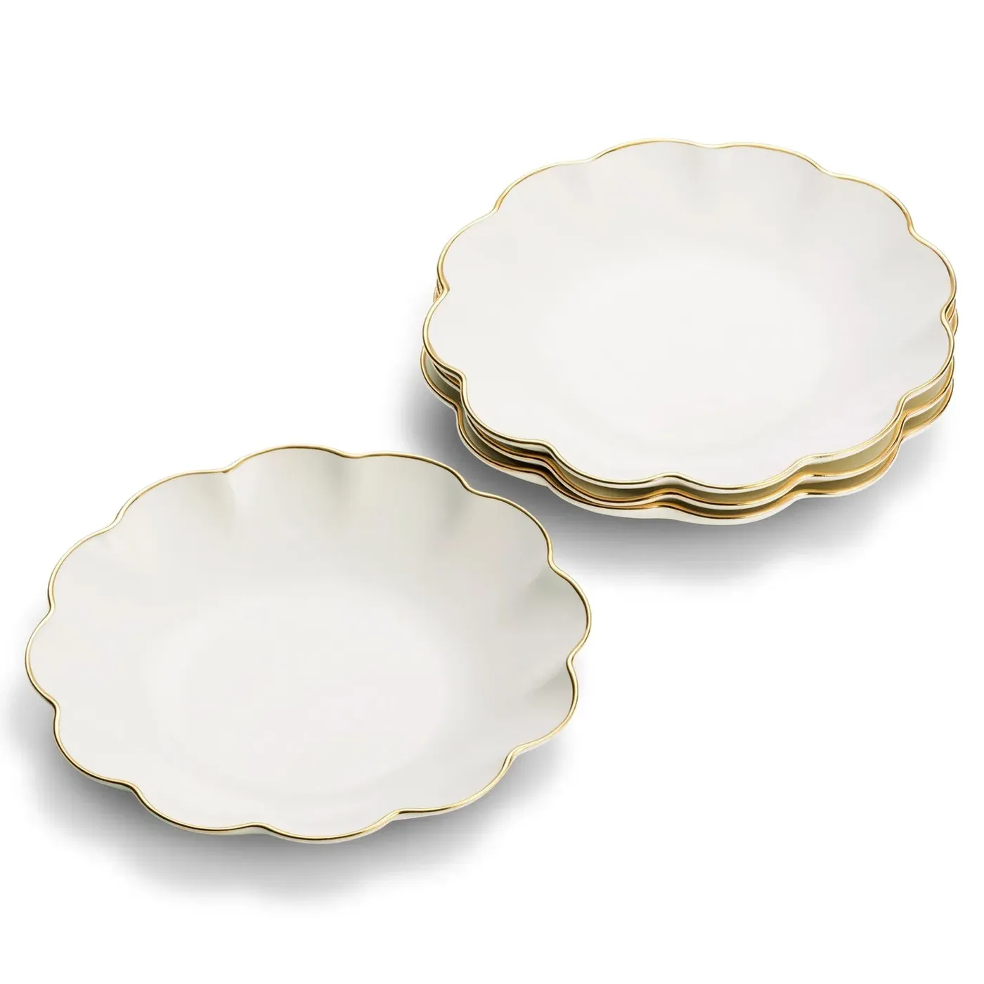 Coastal Beach Scalloped Appetizer Plate Set of 4 - White, Bone China