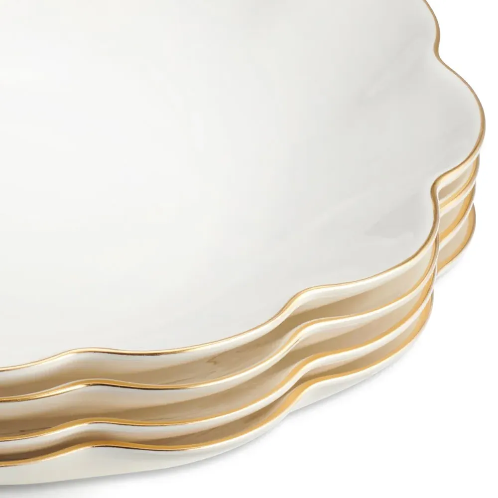 Coastal Beach Scalloped Appetizer Plate Set of 4 - White, Bone China