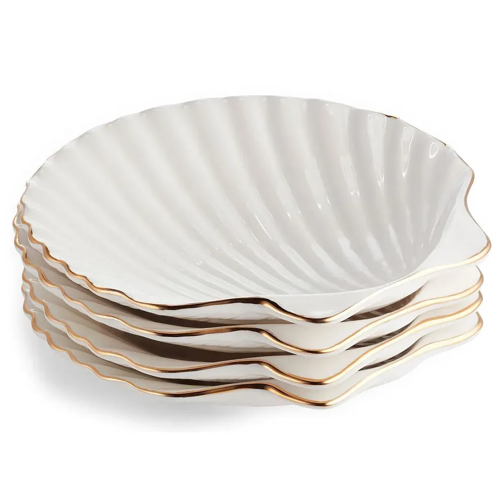 Coastal Beach Shell Appetizer Plate Set of 4 - White, Ceramic