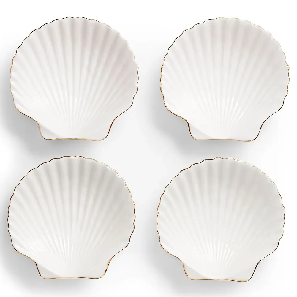 Coastal Beach Shell Appetizer Plate Set of 4 - White, Ceramic image