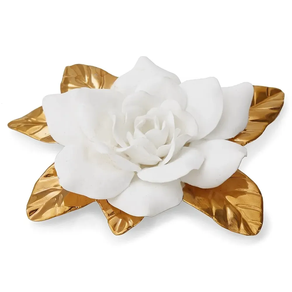 French Country Porcelain Gilded Gardenia Floral Sculpture - White