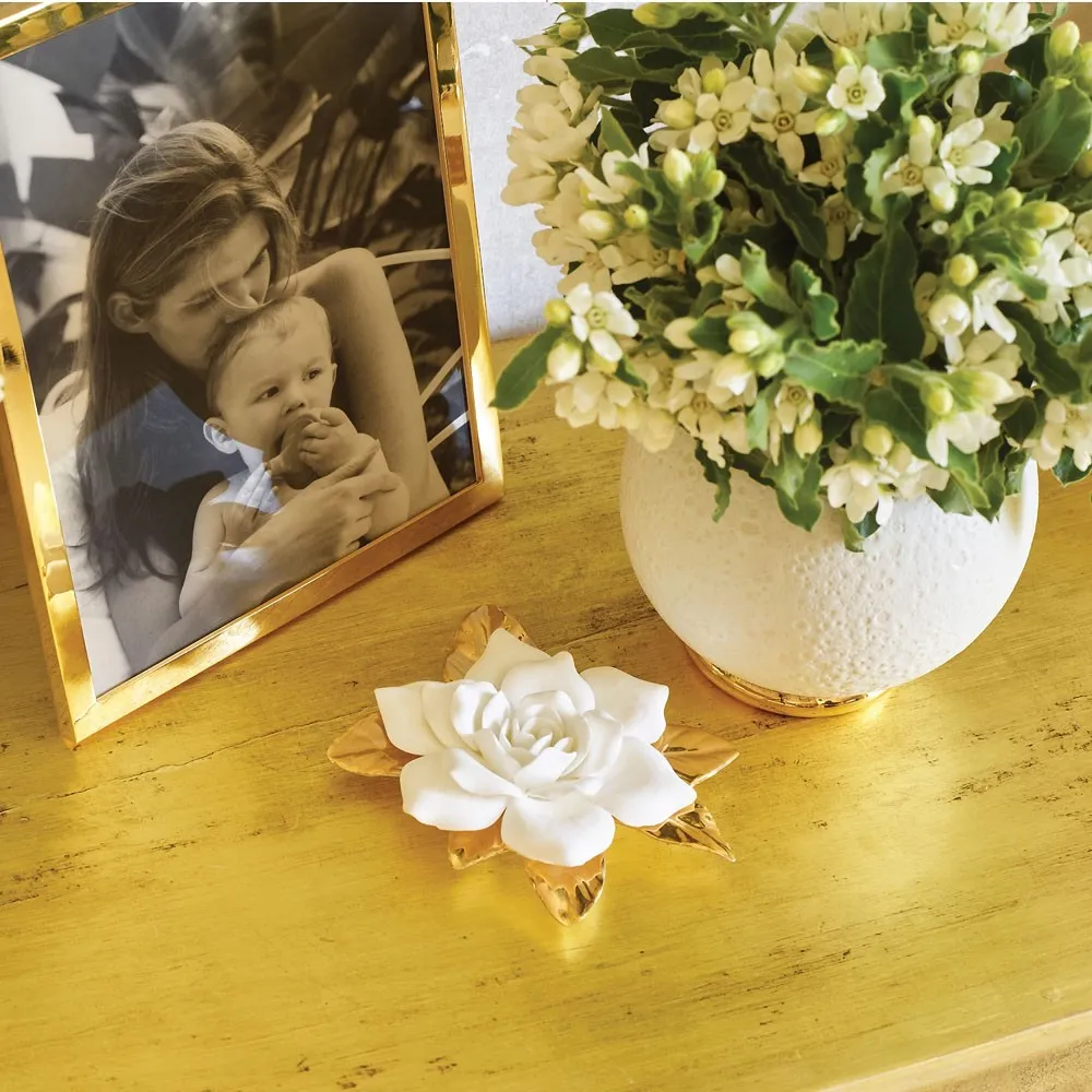 French Country Porcelain Gilded Gardenia Floral Sculpture - White