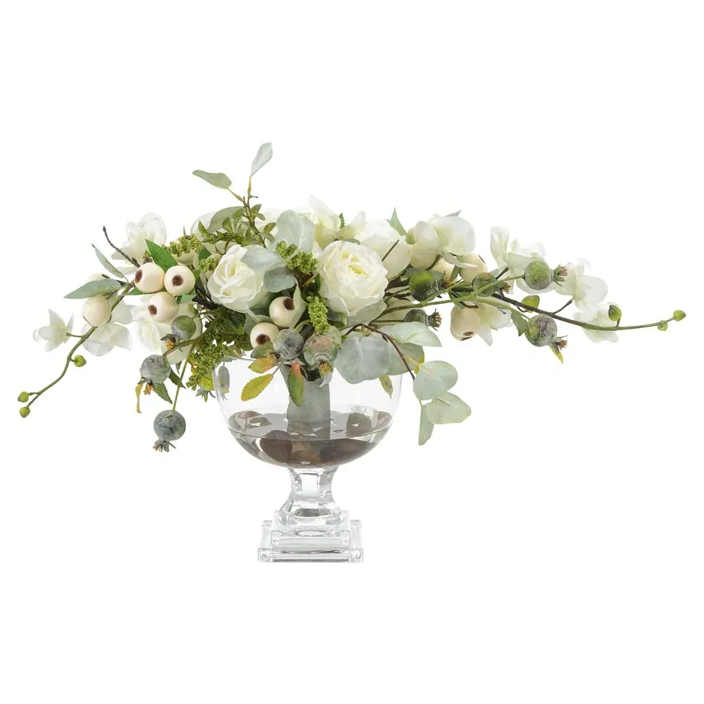 Berries & Roses Faux Floral Arrangement - Green, Glass image