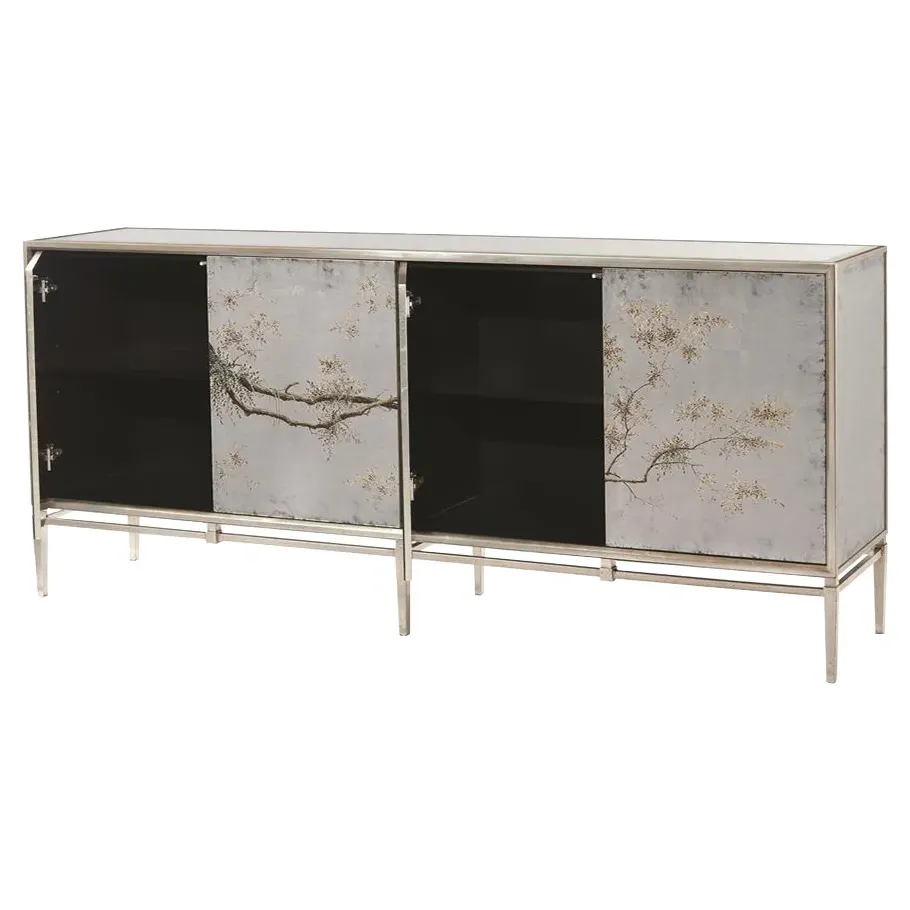 Falling Branch Hand Painted Credenza - Silver, Steel