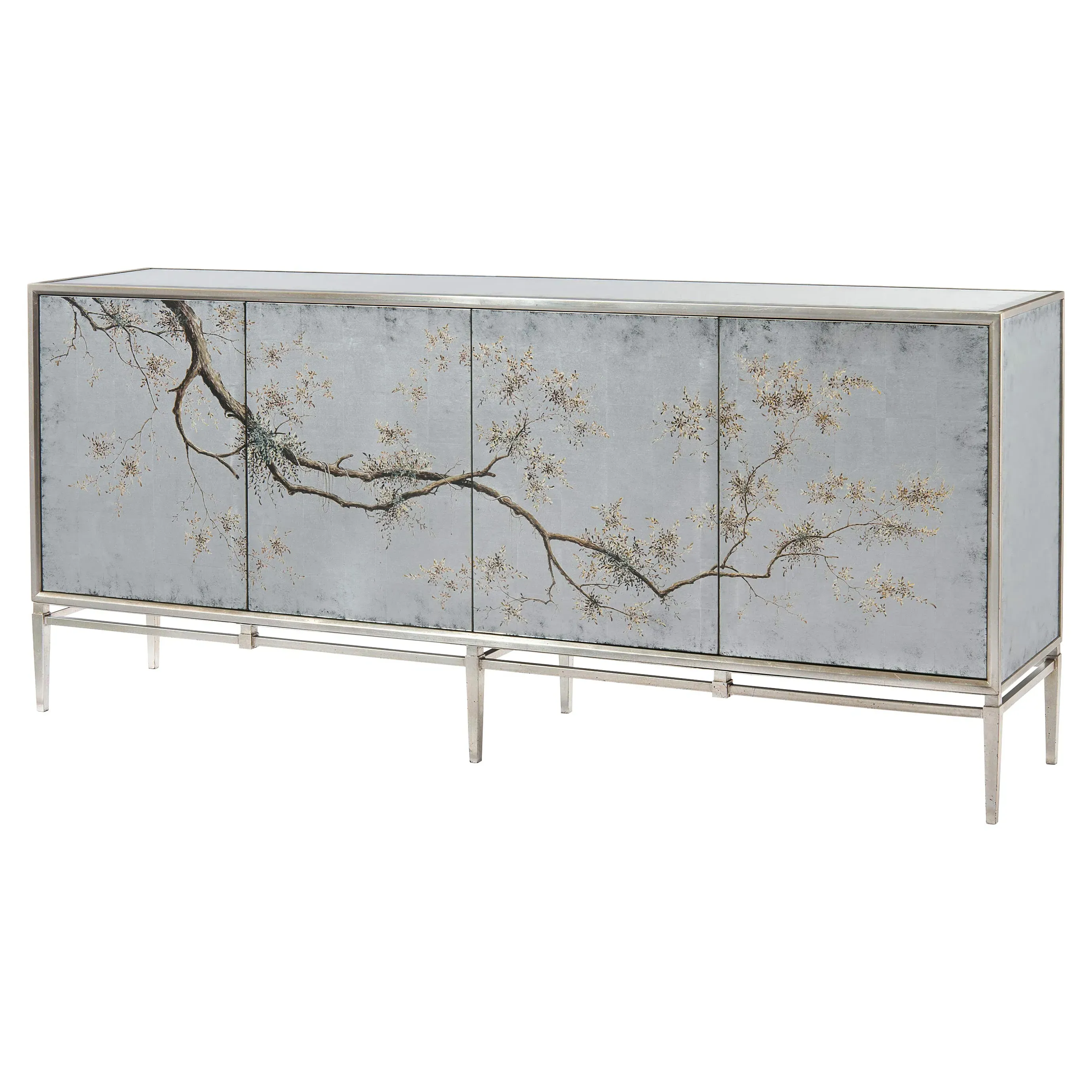 Falling Branch Hand Painted Credenza - Silver, Steel
