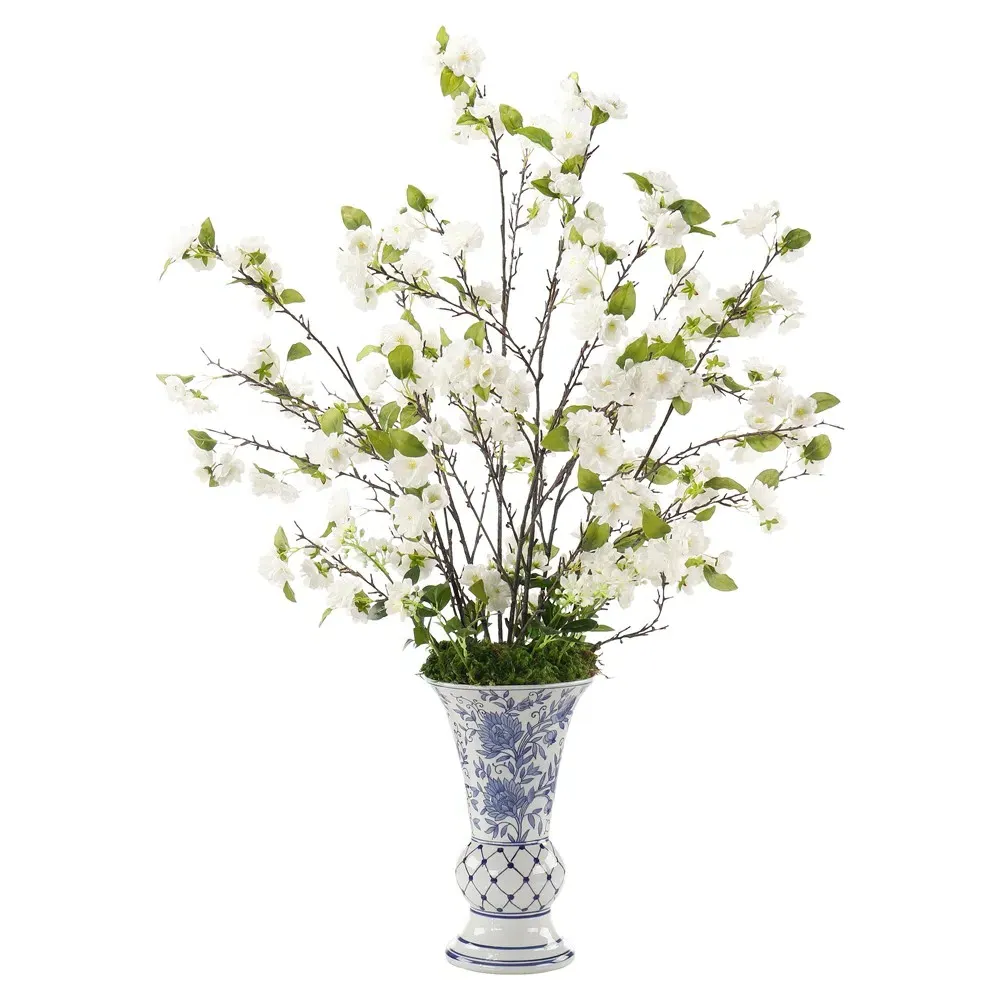 French Cherry Blossom Chinoiserie Faux Floral Arrangement - White image