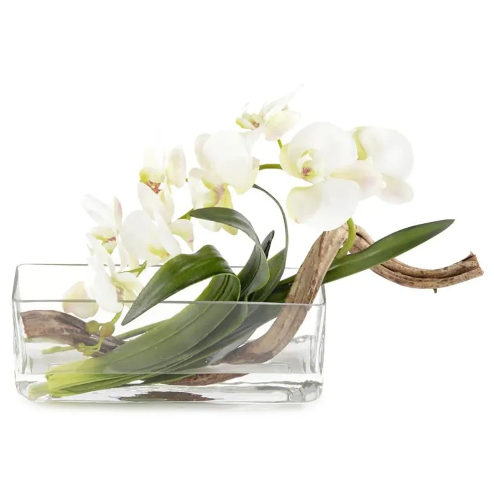 French Curly Orchid Glass Vase Faux Floral Arrangement - White image