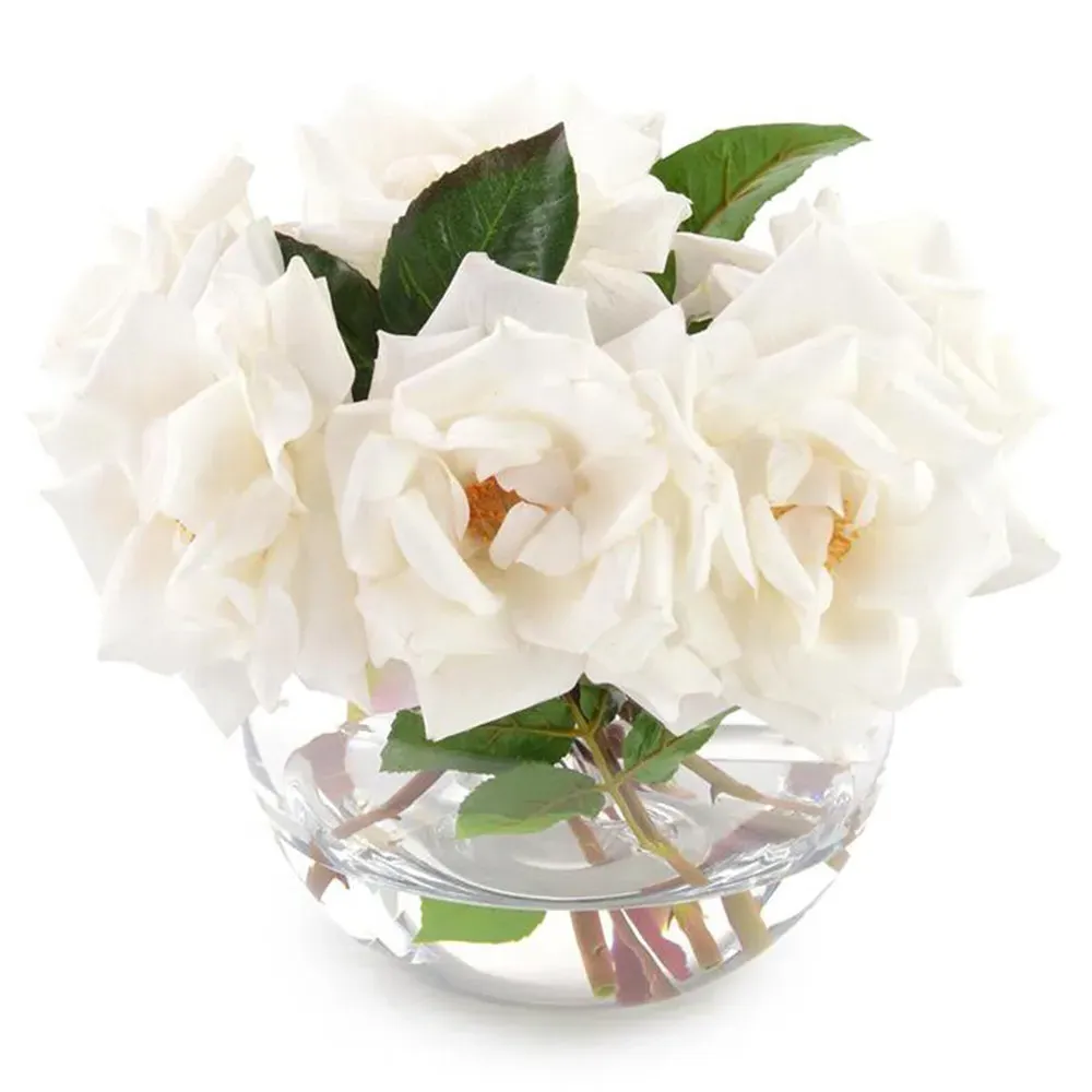 Fresh Garden Roses In Crystal Bowl - White-Ivory image