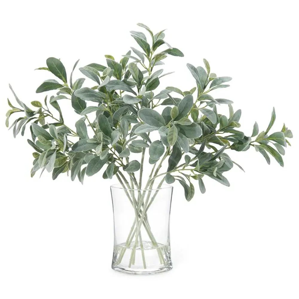 Green Lambs Ear Faux Floral - Clear Glass Vase image