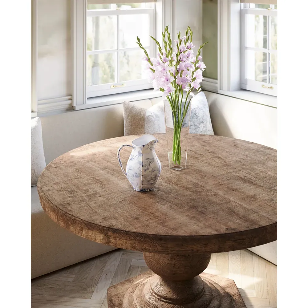 Lavender Hollyhocks Glass Vase Faux Flowers - Purple