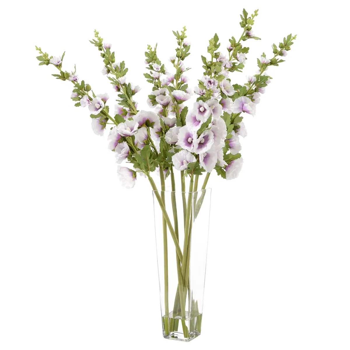 Lavender Hollyhocks Glass Vase Faux Flowers - Purple image