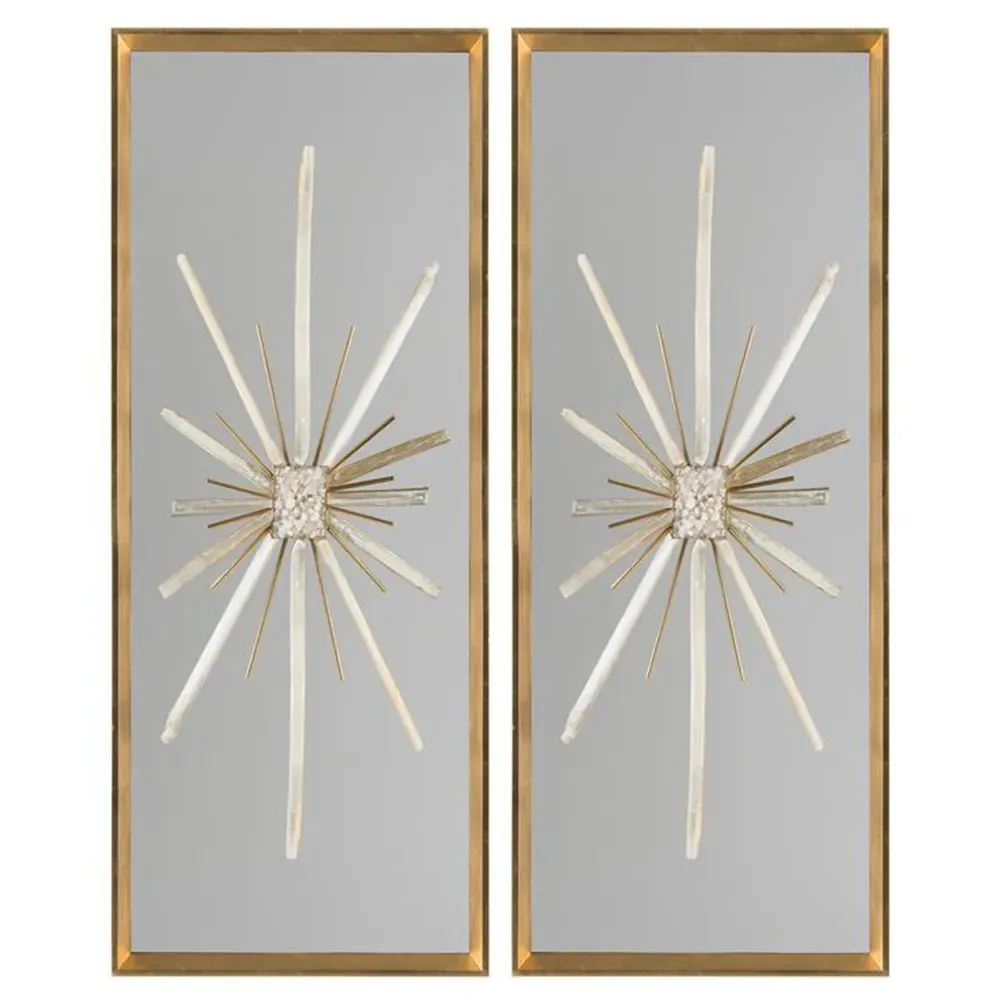 North Star Selenite Abstract Silver Frame Painting Diptych - White