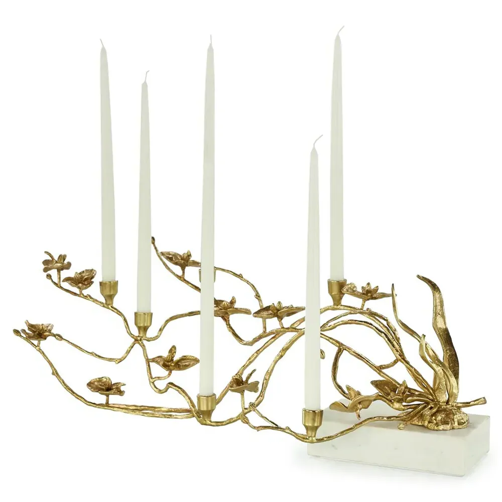 Orchids In Bloom Large Candleholder - Brass, White Marble