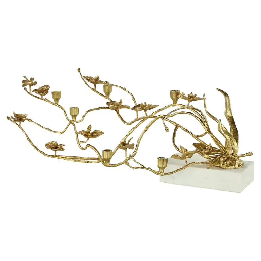 Orchids In Bloom Large Candleholder - Brass, White Marble