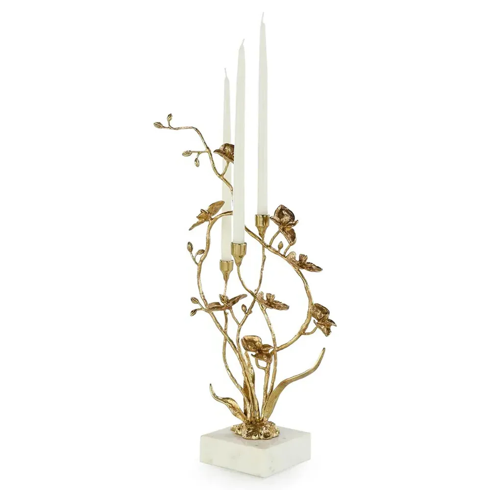 Orchids In Bloom Small Candleholder - Brass, White Marble