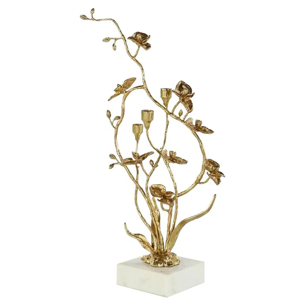 Orchids In Bloom Small Candleholder - Brass, White Marble image