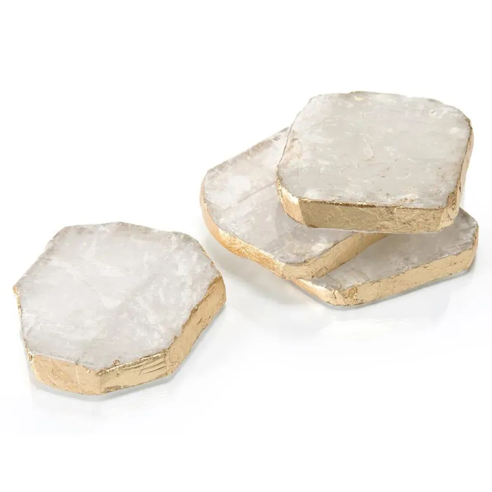 Set Of 4 Selenite Hand-Applied Gold Trim Coasters - White