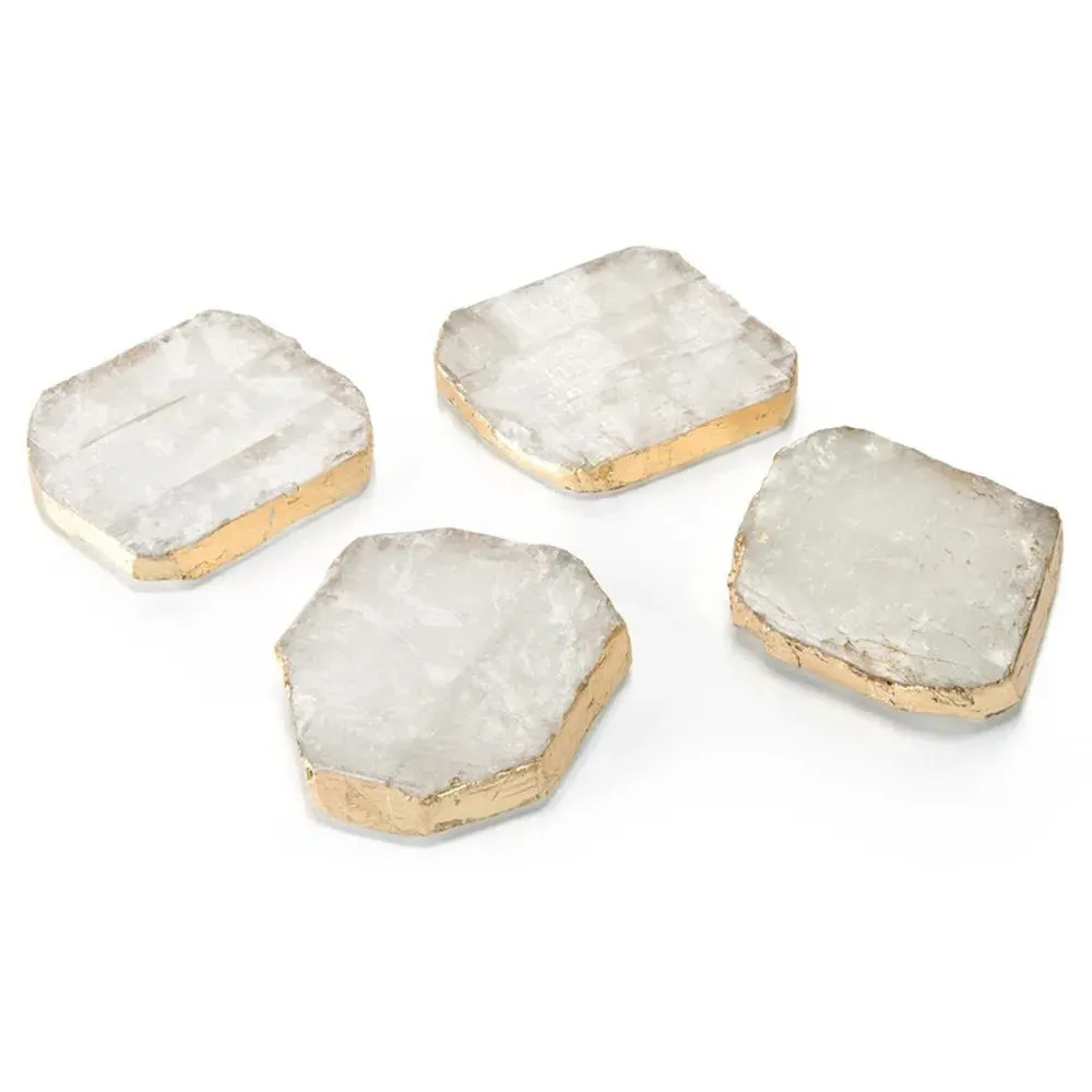 Set Of 4 Selenite Hand-Applied Gold Trim Coasters - White