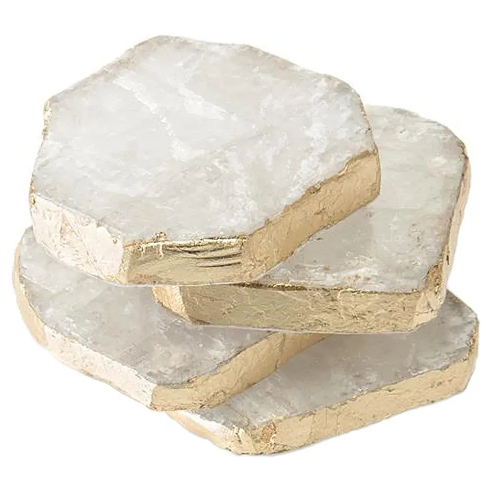 Set Of 4 Selenite Hand-Applied Gold Trim Coasters - White