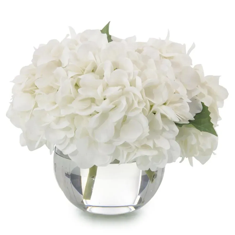 Simply White Hydrangeas Crystal Bowl Floral Arrangement