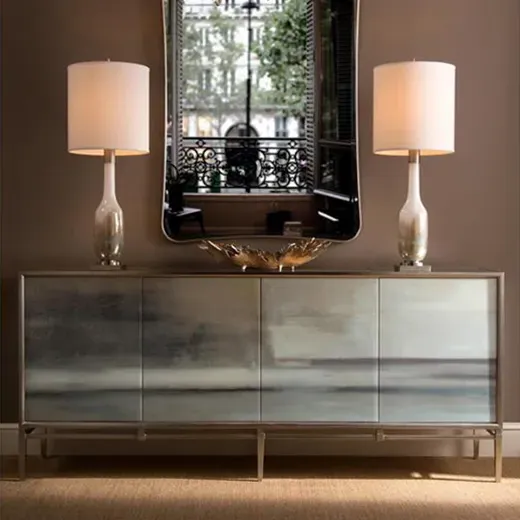 Slated Abstract Art Four Door Credenza - Silver