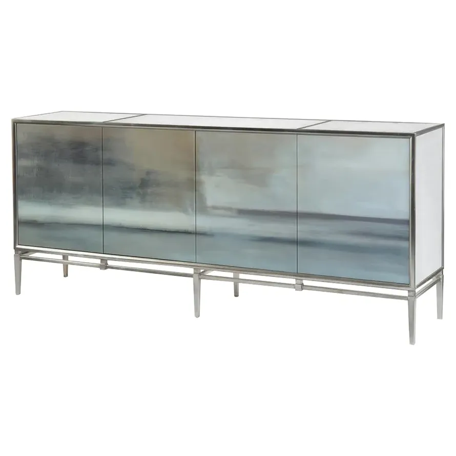 Slated Abstract Art Four Door Credenza - Silver