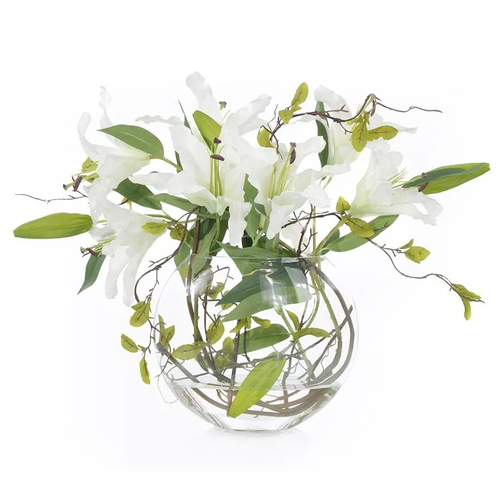 Sweet Lilies Clear Glass Bowl Faux Floral Arrangement