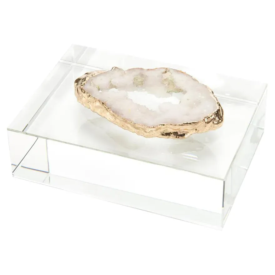 White Geode Crystal Block Accent - White, Gold