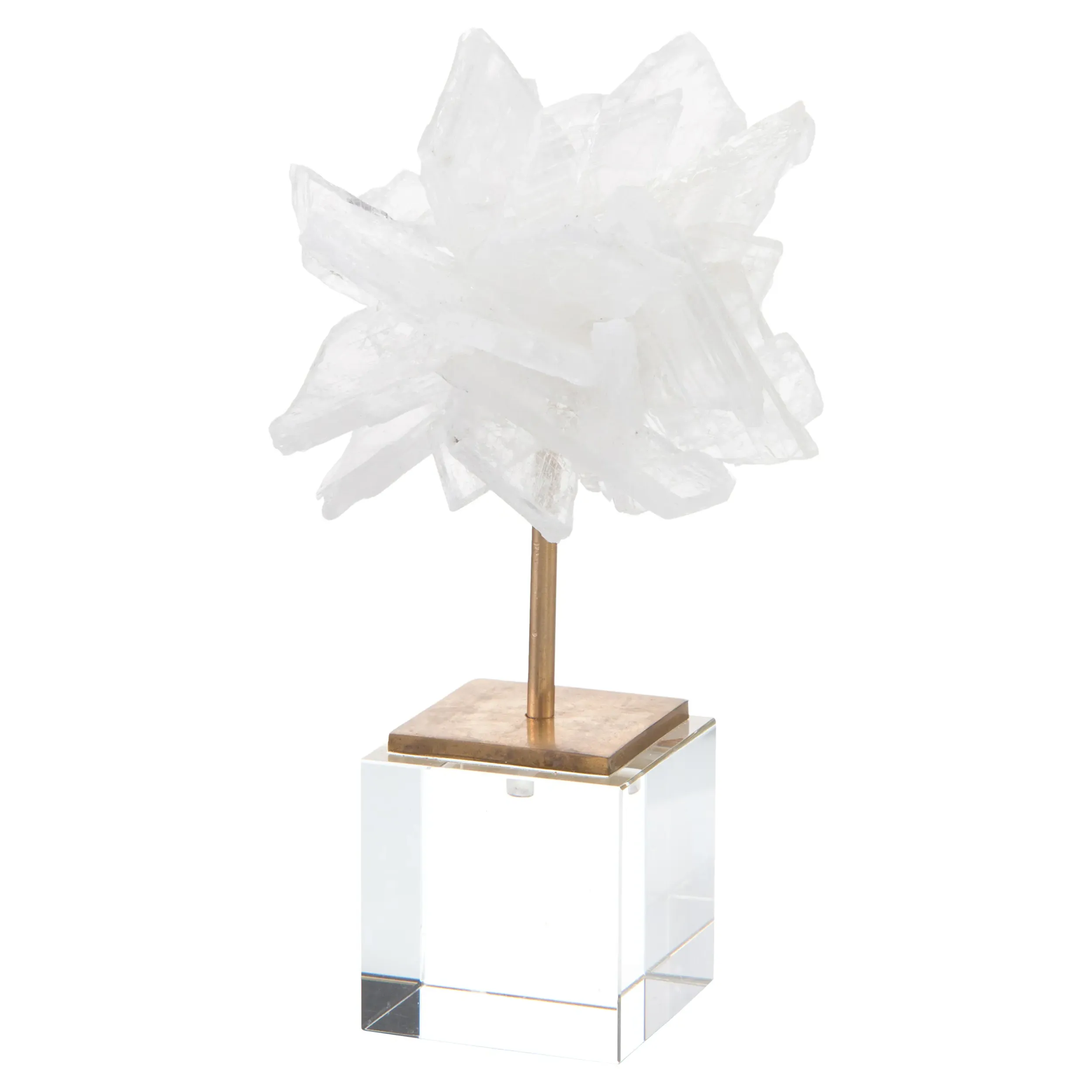 White Selenite Brass Acrylic Crystal Sculpture - White