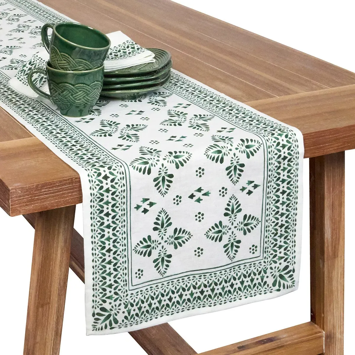 Iberian Border Linen Table Runner - Evergreen