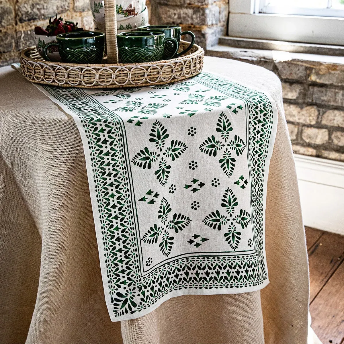 Iberian Border Linen Table Runner - Evergreen