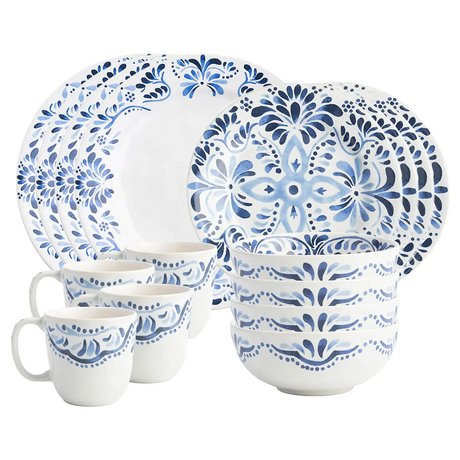 Iberian Indigo 16 Piece Place Setting - White, Ceramic image