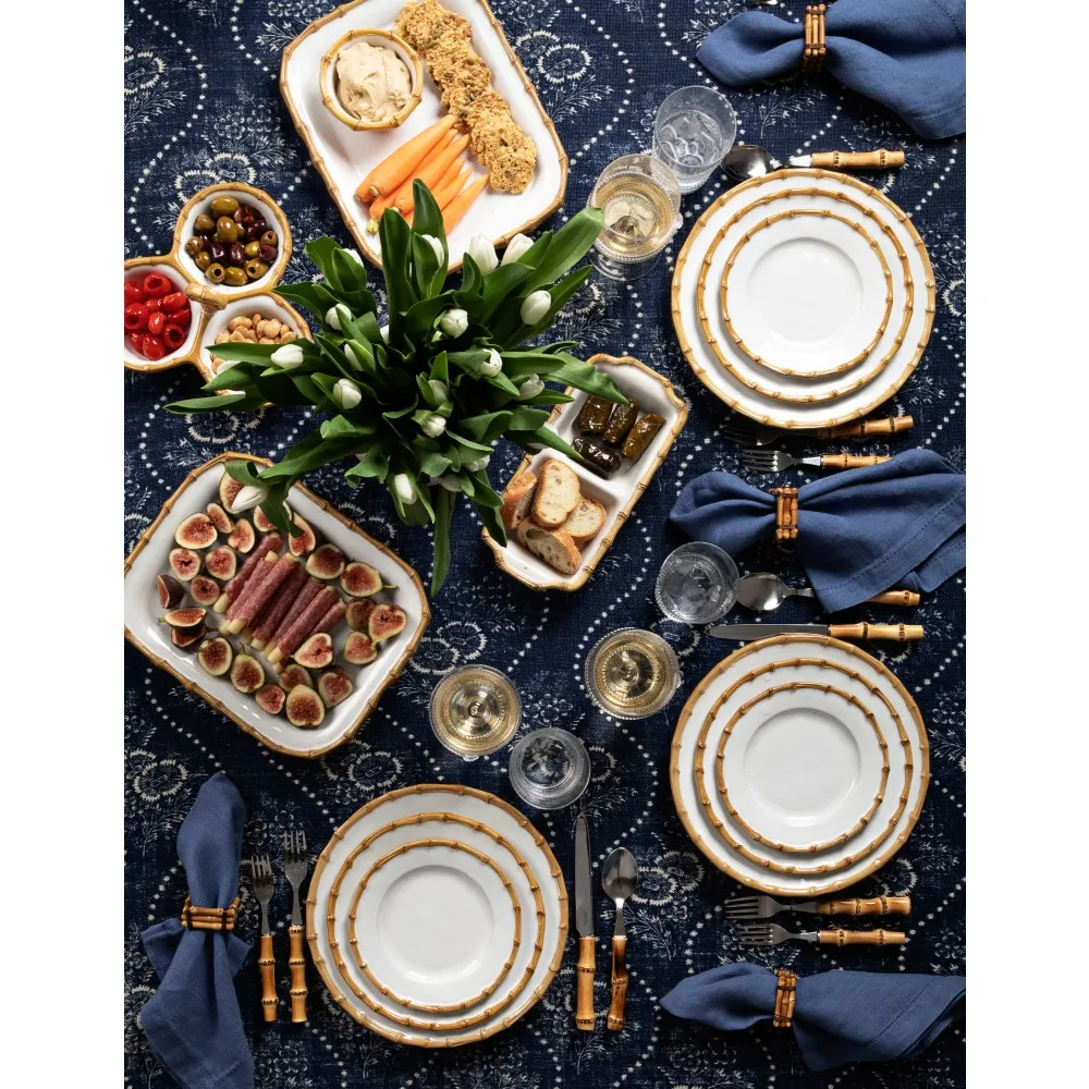 Natural Bamboo Rim Cocktail Plate - White, Ceramic