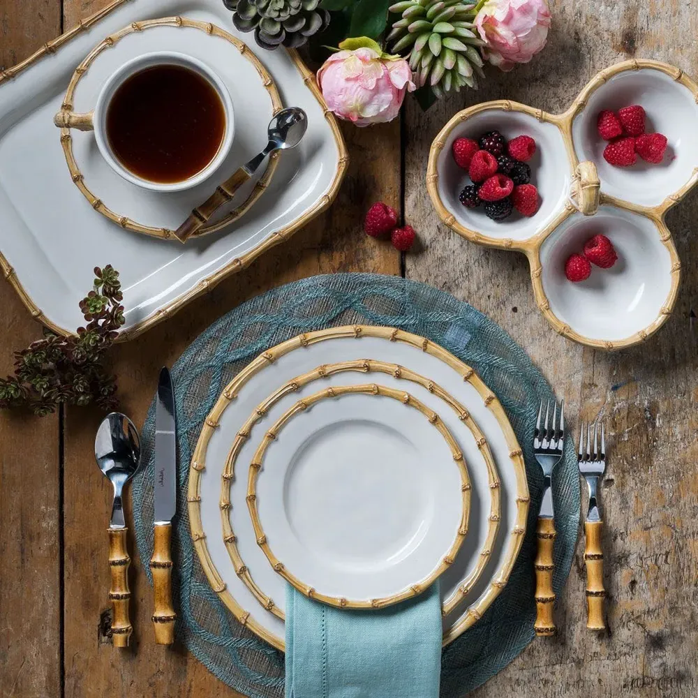 Natural Bamboo Rim Dinner Plate - White, Ceramic