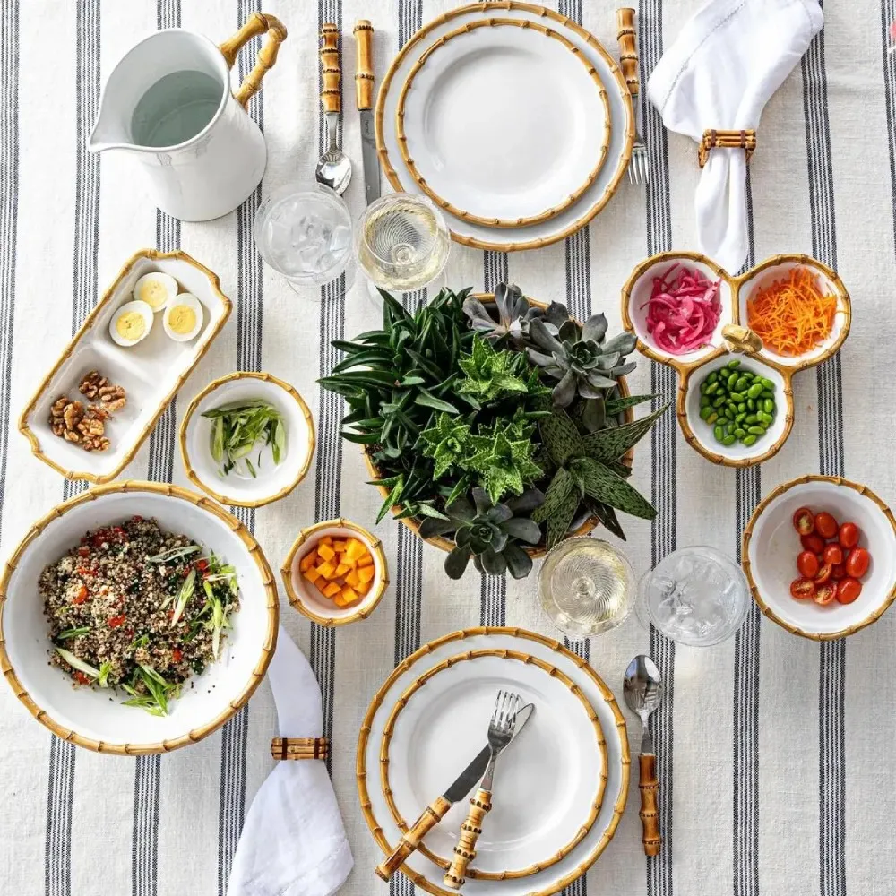 Natural Bamboo Rim Dinner Plate - White, Ceramic