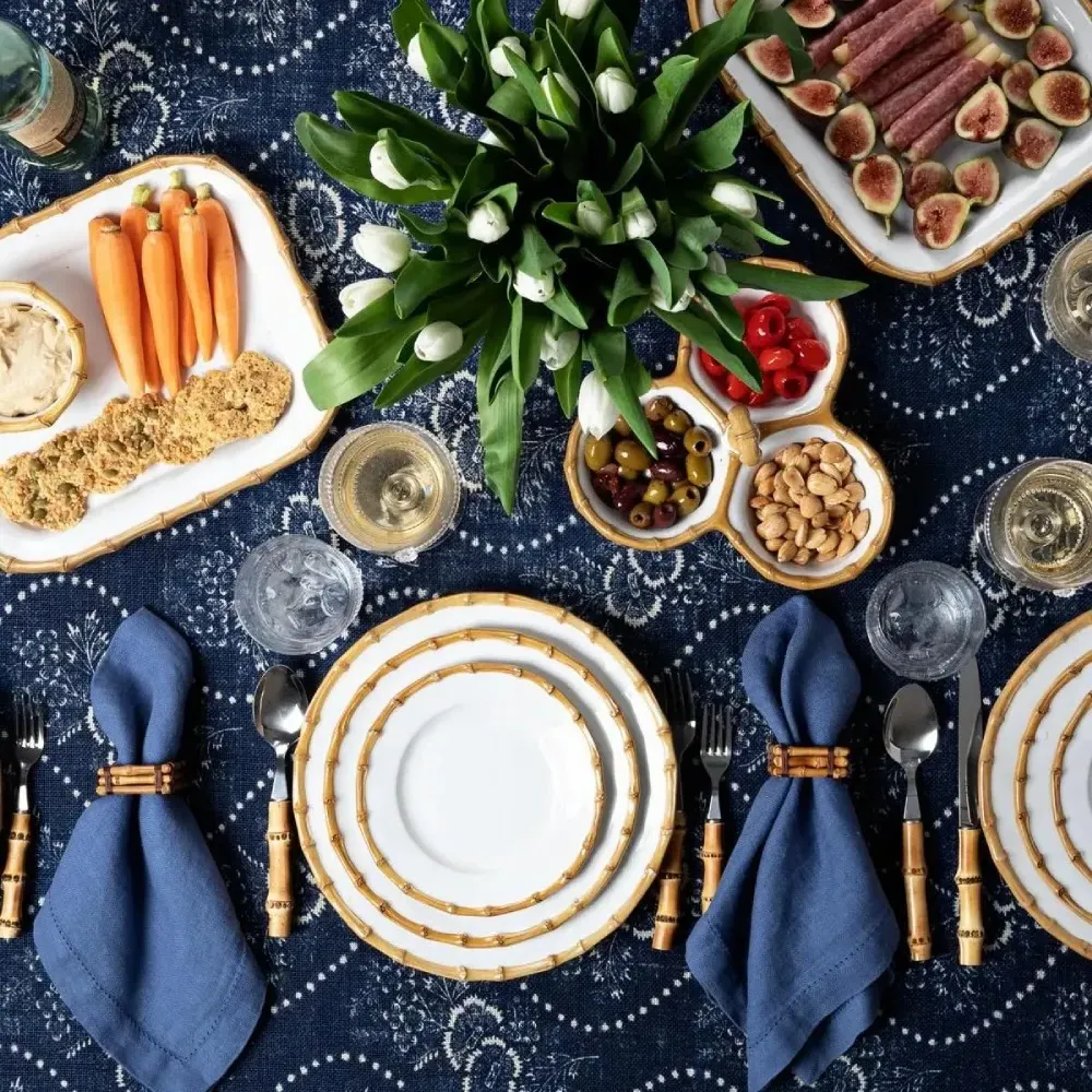 Natural Bamboo Rim Triple Cocktail Serving Bowl - White