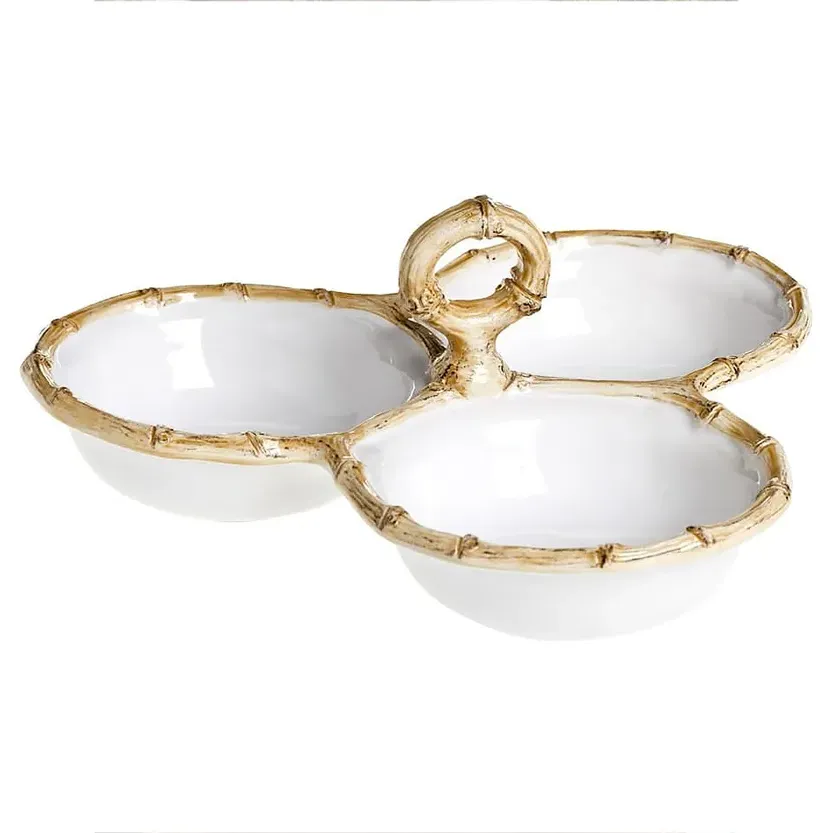 Natural Bamboo Rim Triple Cocktail Serving Bowl - White