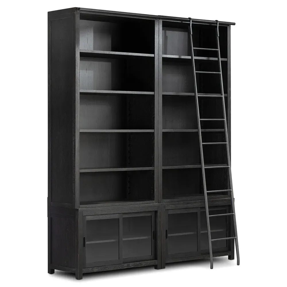 Admund Double Bookcase with Ladder - Black, Oak