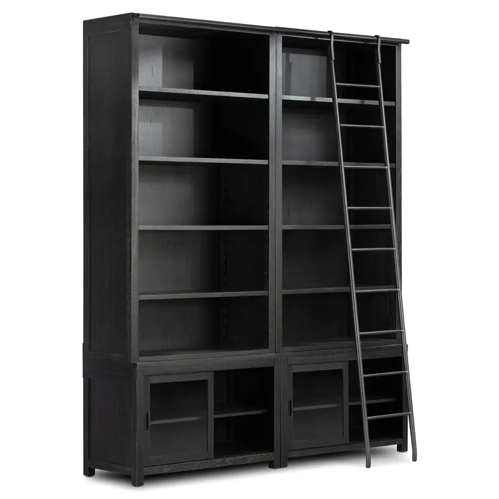 Admund Double Bookcase with Ladder - Black, Oak