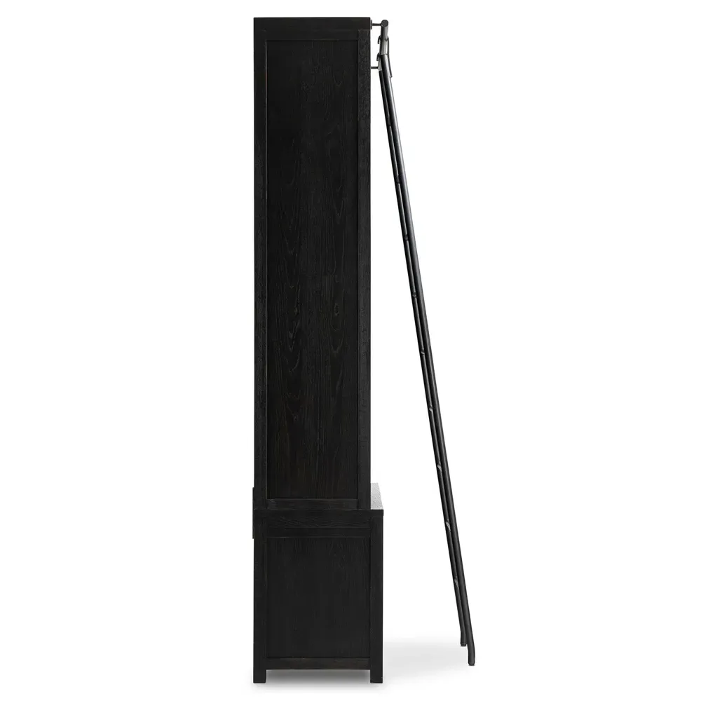 Admund Double Bookcase with Ladder - Black, Oak