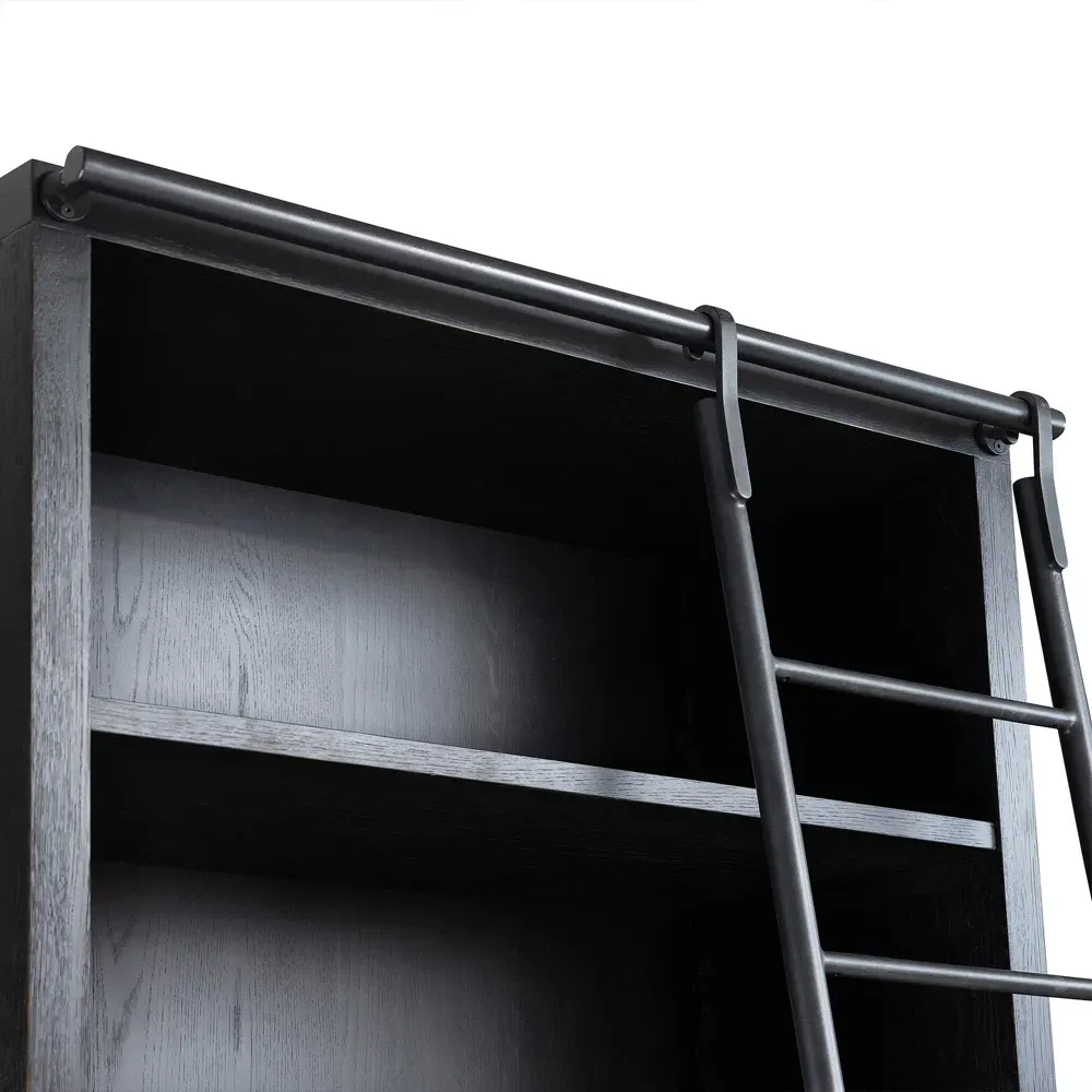 Admund Double Bookcase with Ladder - Black, Oak