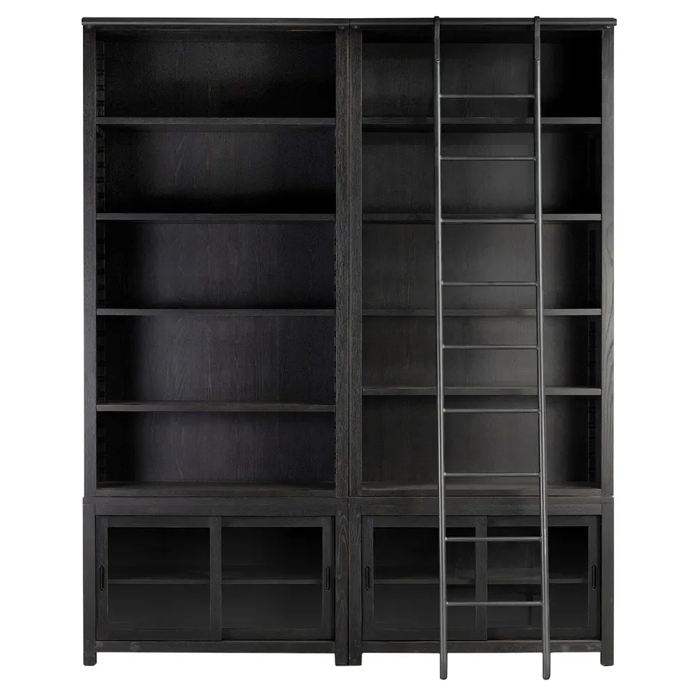 Admund Double Bookcase with Ladder - Black, Oak