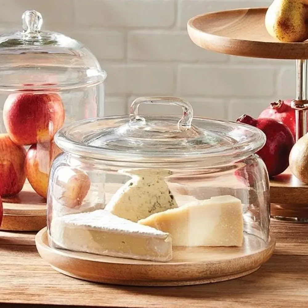 Adrian Glass Cloche Wood Tray - Clear, Brown